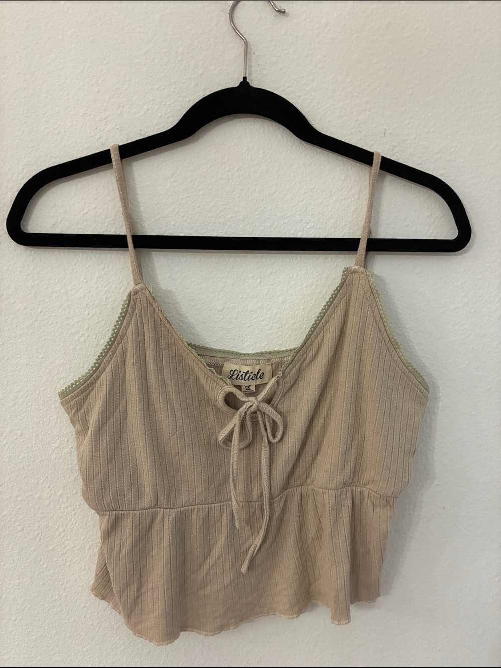 Listicle Neutral Beige Ribbed Tie-Front Cami